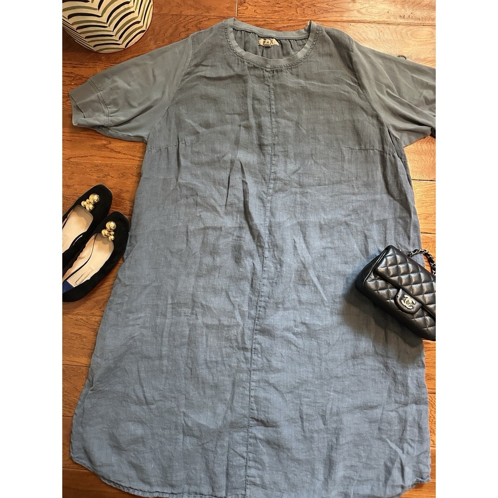 Flax Womens XL 100% Linen T-Shirt Shift Dress Slate Blue Lagenlook Short Sleeve